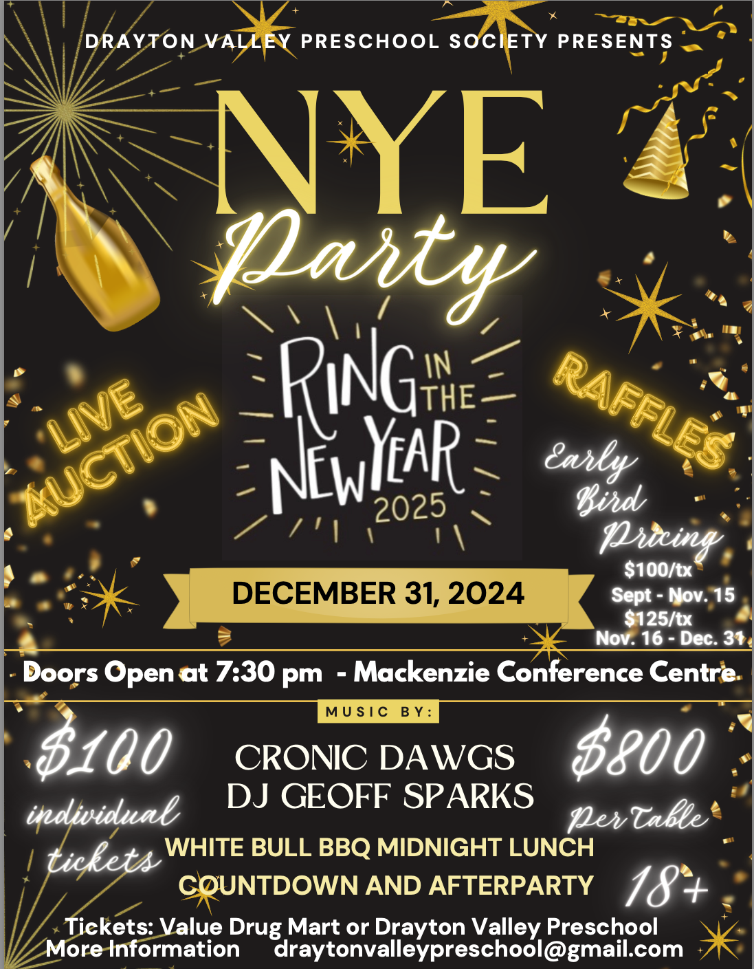 🎉 New Year's Eve Bash 🎉 Hosted by: Drayton Valley Preschool